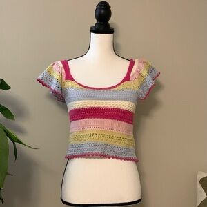 Sincerely Jules Multicolor Striped Crochet Crop Top sz sm euc B64